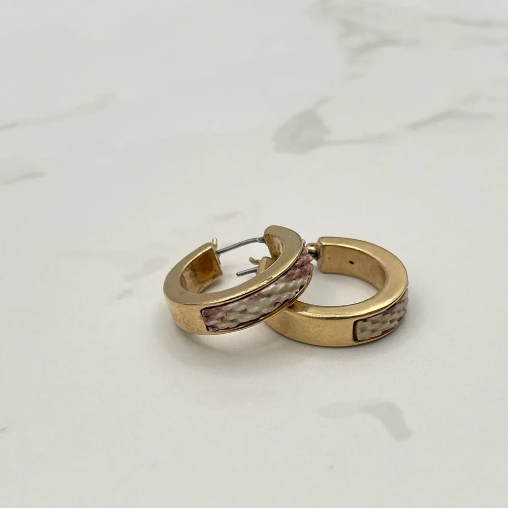 Vintage Gold Tone Hoop Earrings with Woven Style Enamel Detail Snap Closure Boho